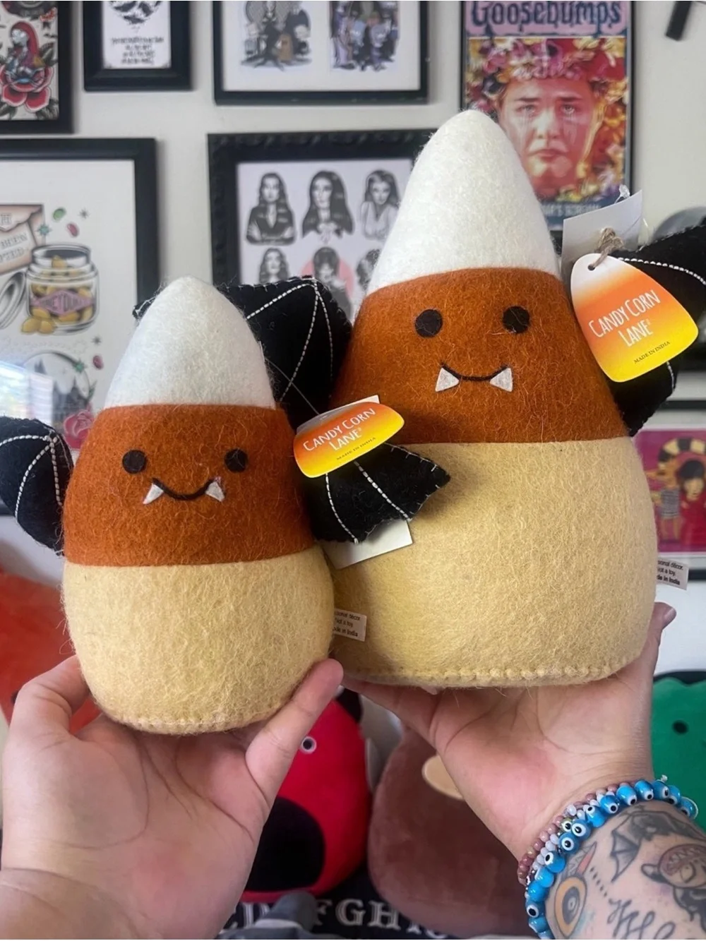 Set of two small and big Felt Candy Corn Lane Bat/Vampire w/ Wings & Fangs